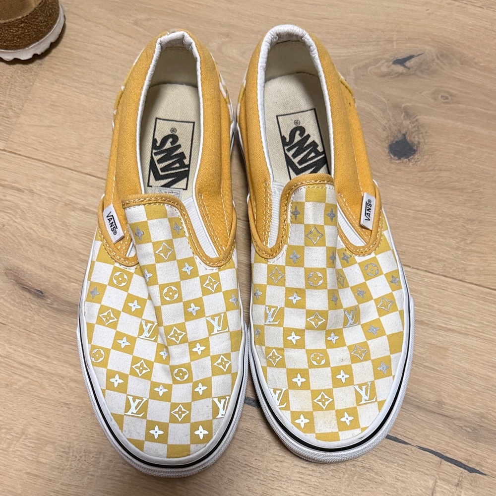 Vans Slip-On Checkerboard Sneakers in Yellow and White monogram lv